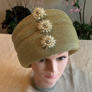 Elegant Metallic Gold Women's Hat with Pearl  Floral Embellishments